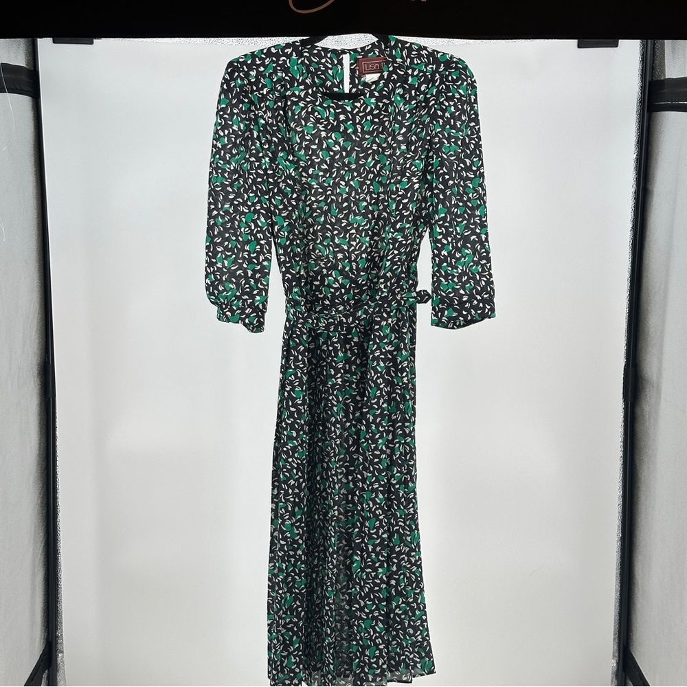 Floral Print Midi Dress - Black and‎ Green 80’s Vintage Pleated